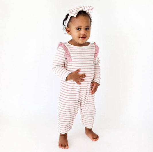 100% Organic Cotton Baby Girl Long Sleeve Ruffle Romper- Blush Stripe