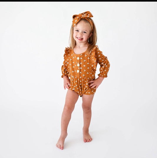 Tiny Teracotta Floral Long Sleeve Bubble Romper and Headband Set