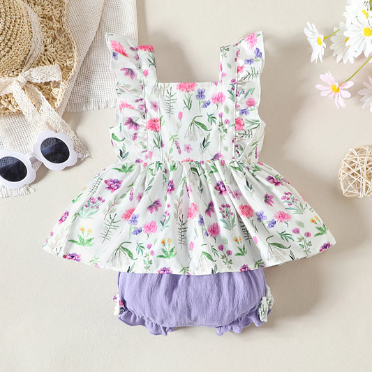 2pcs Baby Girl Floral Print Ruffled Strappy Dress and 100% Cotton Bow Decor Ruffled Shorts Set