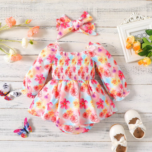 Baby Girl Allover Colorful Floral Print Long-sleeve Shirred Romper Dress & Headband Set