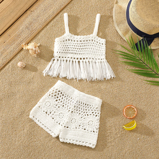 2pcs Baby Girl Hollow Out Crochet Fringed Cami Top & Shorts Set