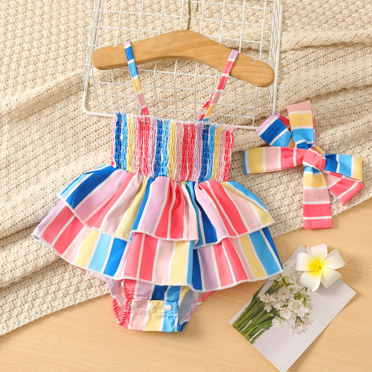 Baby Girl Colorful Stripe Print Smocked Cami Romper and Headband Set