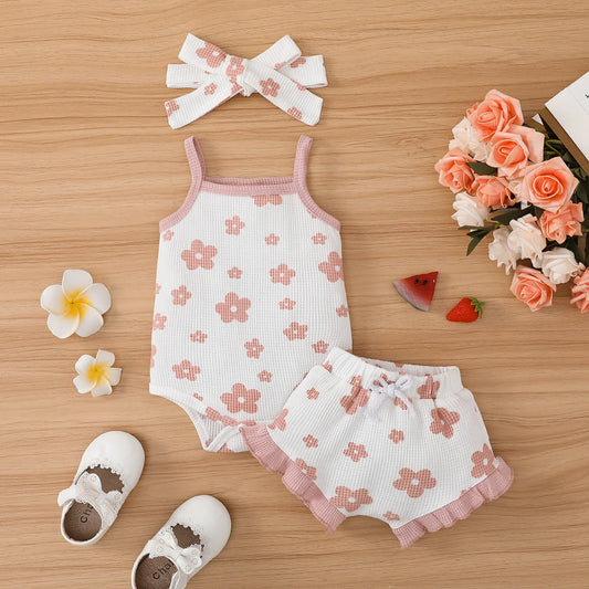 3pcs Baby Girl 3-piece Floral Print Textured Cami Romper and Ruffled Shorts & Headband Set