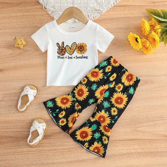 Baby Girl Sunflower Print Short-sleeve Tee and Flared Pants Set