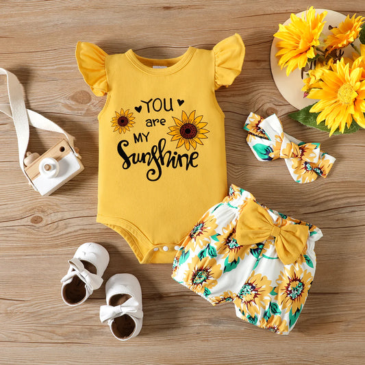 Sunflower Print Flutter-sleeve Romper and Bow Front Shorts & Bow Set