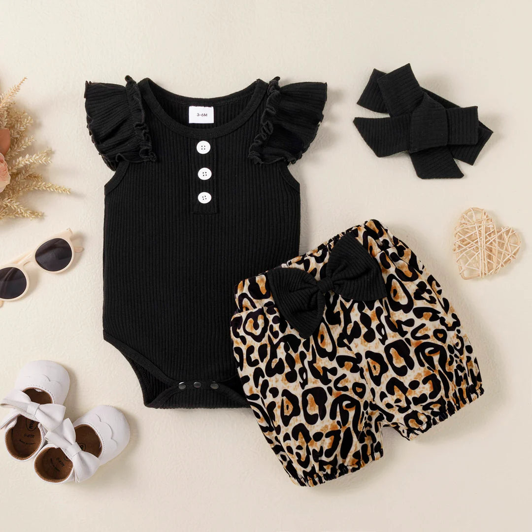 3pcs Baby Girl Solid Ribbed Flutter-sleeve Romper and Leopard Shorts with Headband Set
