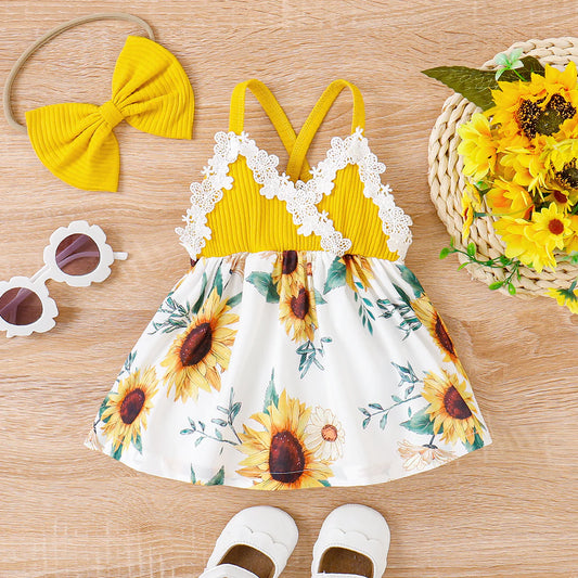 Baby Girl Sunflower Panel Ribbed Cami Dress and Headband Set