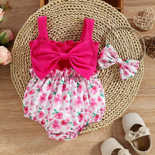 Ribbed Bowknot Splicing Floral Print Sleeveless Romper with Headband Set