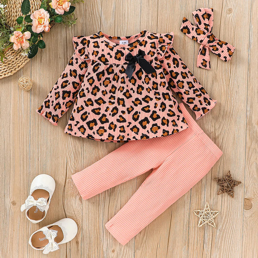 Leopard Print Ruffle  Bow Front Ribbed Top and  Pants Set