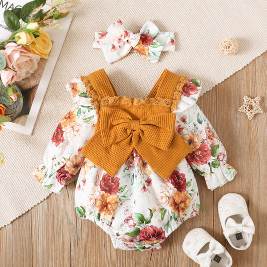 Floral Print  Ribbed Bow Romper with Headband Set