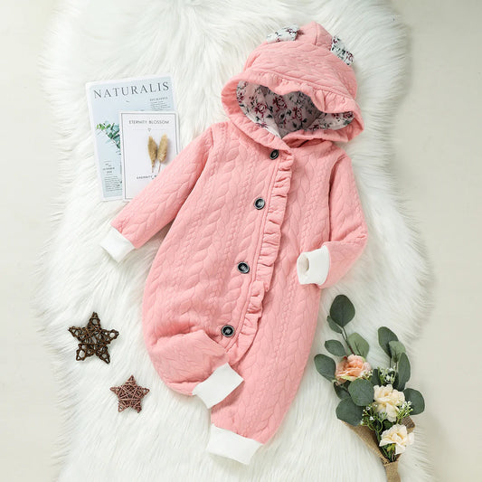 Hooded Long-sleeve Ruffle Pink Thickened Lined Baby Jumpsuit